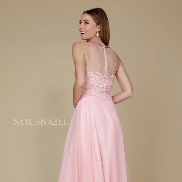 NEW LONG SLEEVELESS A-LINE CHIFFON DRESS EMBROIDERED WITH RHINESTONES NX Y009 - Picture 6 of 8